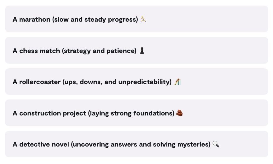 Which metaphor best describes how you anticipate your work will be in 2025? A marathon, a chess match, a rollercoaster, a construction project, a detective novel?