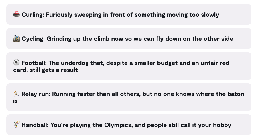 Curling, cycling, football, relay run, or handball?