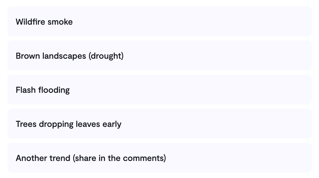 Vote now: wildfire smoke, brown landscapes, flash flooding, trees dropping leaves early, another trend (share in the comments)