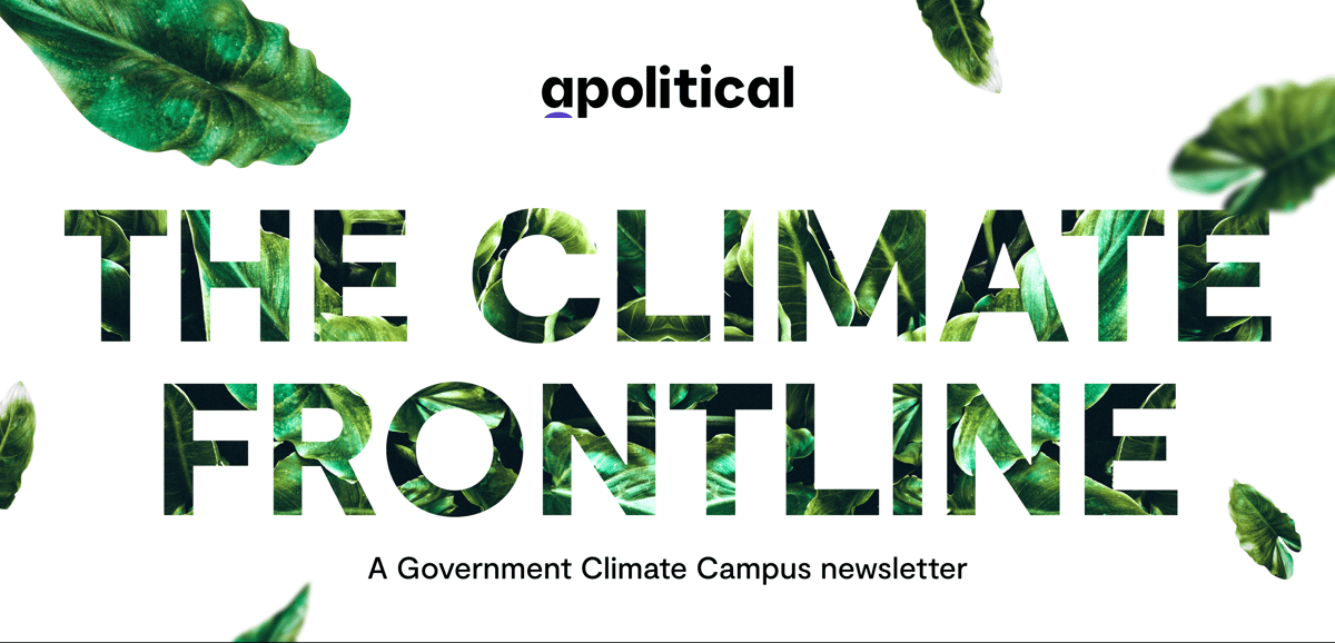 White image banner depicting the apolitical logo above the words The Climate Frontline with images of leaves surrounding them