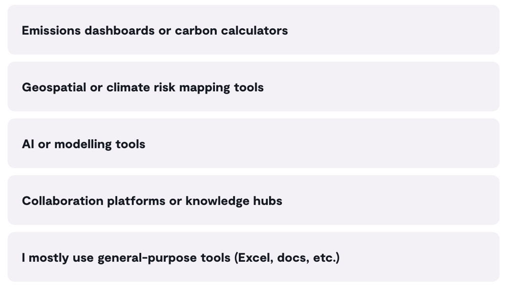 Emissions dashboards or carbon calculators 0%  Geospatial or climate risk mapping tools 0%  AI or modelling tools 0%  Collaboration platforms or knowledge hubs Tess Fitzgerald (she/her) 100%  I mostly use general-purpose tools (Excel, docs, etc.)